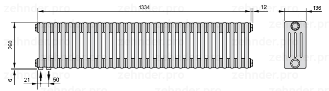Схема (чертеж) Радиатор Zehnder Charleston 4026/29 №3370 Белый глянцевый RAL 9016